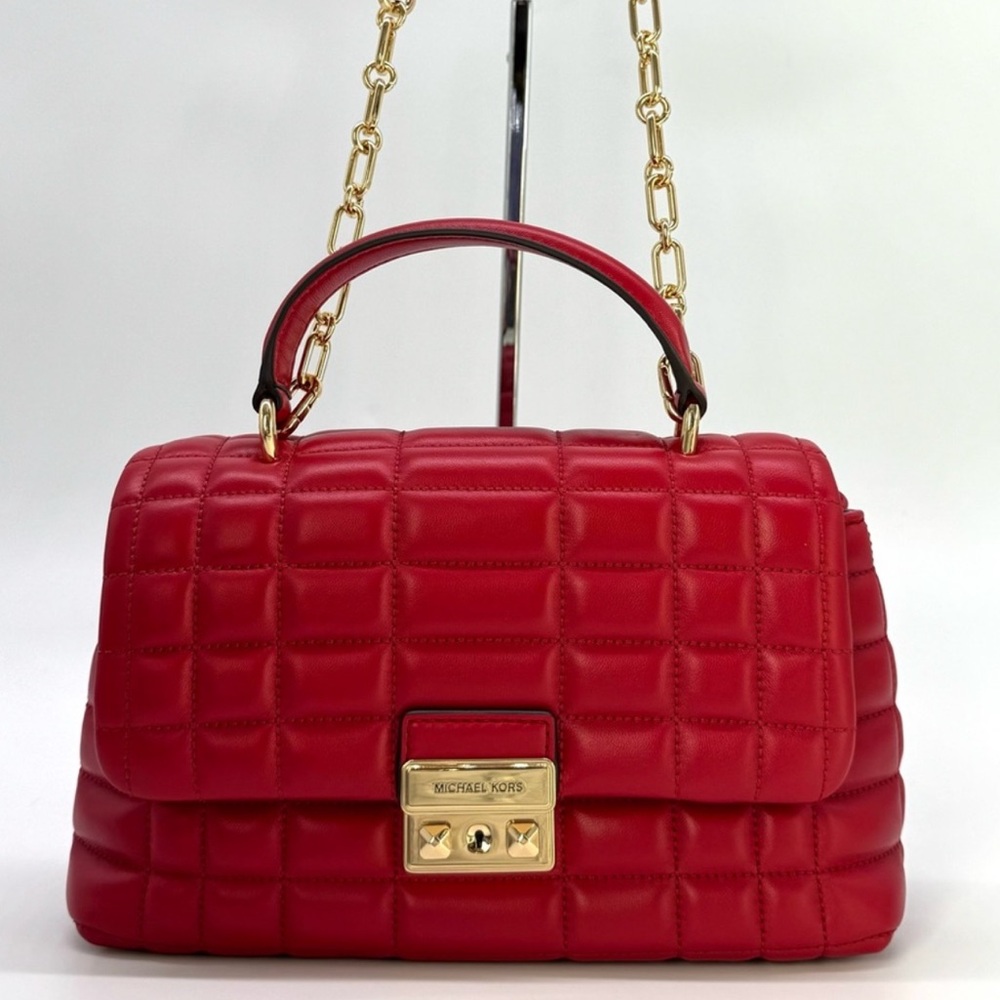 Michael Kors Tribeca Medium Quilted Leather Satchel Bag Crimson Red